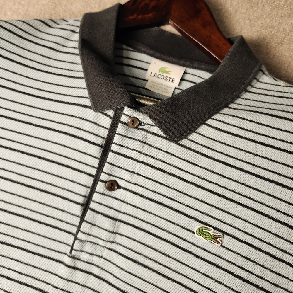 Lacoste Polo Shirt Mens 9 Light Blue Black Striped Short Sleeve Pique Pique